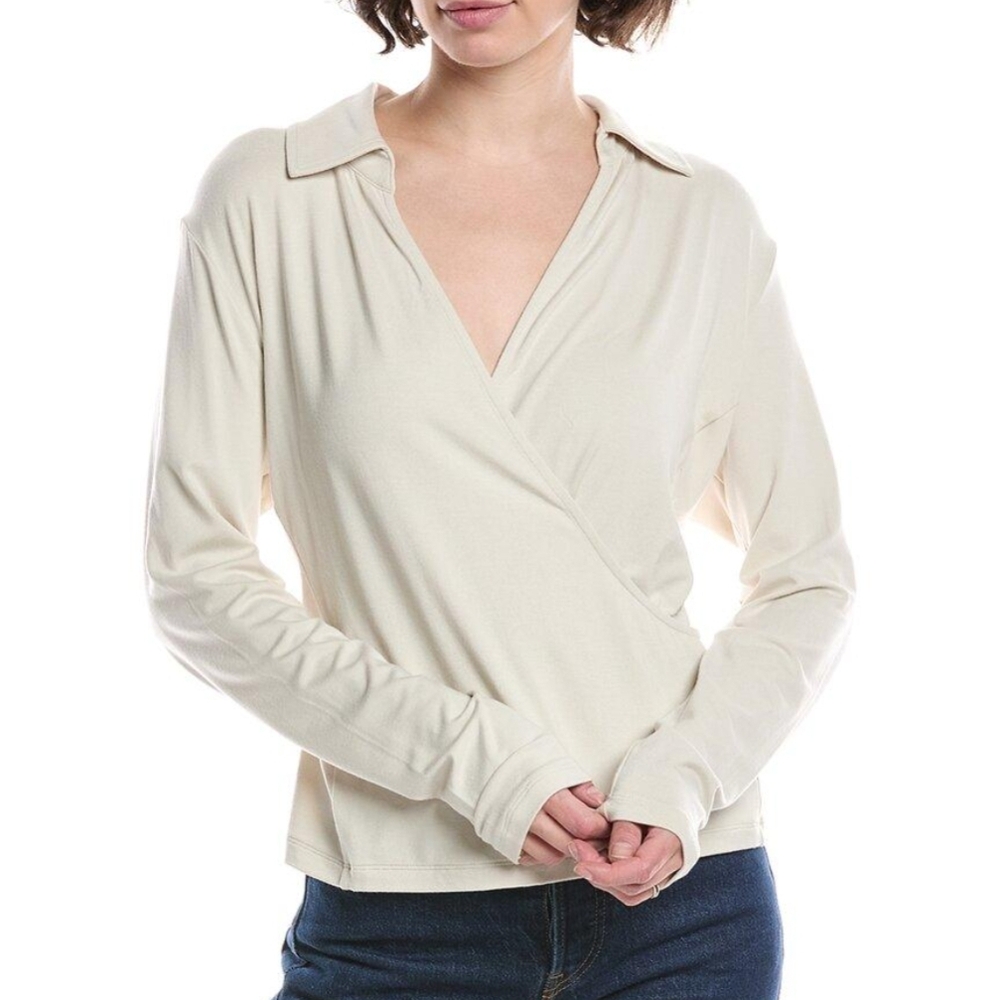 CAbi Cream Long Sleeve Wrap Blouse